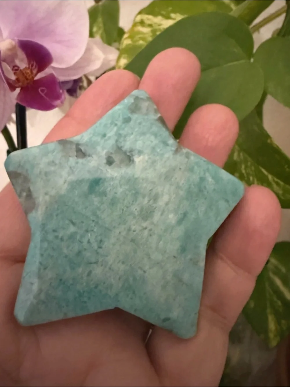 Amazonite Star Palm Stone Natural Teal Feldspar Star Carving for Harmony & Truth